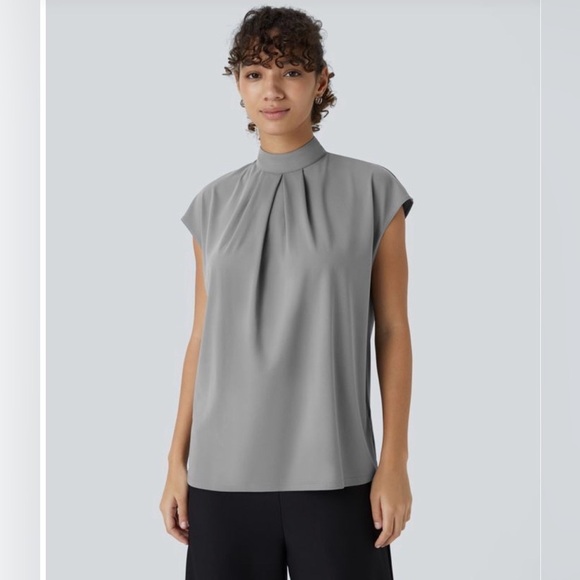 HALARA Tops - HALARA Women’s Stand Collar Back Cap Sleeve Work Blouse Gray XL